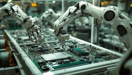 Aufkleber - Advanced Industrial Robots Assembling Electronic Components in a High-Tech Manufacturing Facility, Showcasing Precision and Automation in Modern Production