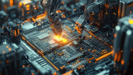 Poster - Advanced Robotic Arms Assembling Electronic Circuit Board in Futuristic Factory Setting with Glowing Components and High-Tech Details