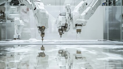 Poster - Advanced Robotic Arms Engaged in Precision Machinery Operations in a Modern Industrial Setting with Reflective Surface and Minimalist Design