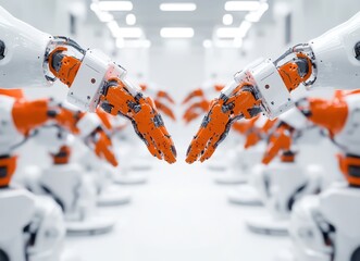 Poster - Advanced Robotic Hands Reaching Towards Each Other in a Futuristic Assembly Line Setting with Modern Industrial Background and High-Tech Environment