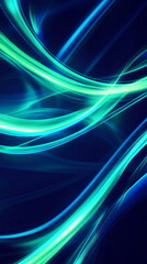 Fototapete - Vivid light trails in motion. Blue and green neon stripes intertwining. Abstract energy flow on a dark background. Vertical element for festive party, seminar talks, social media post