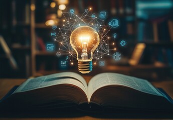 Poster - An Open Book with a Glowing Idea Light Bulb Representing Creativity, Knowledge, Learning, and Innovation in a Library Setting Surrounded by Digital Symbols and Icons