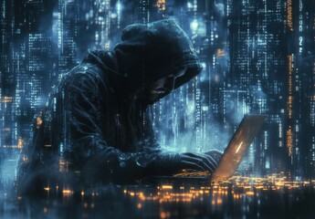 Aufkleber - Anonymity in the Digital Realm: A Hooded Figure Using a Laptop Surrounded by Glowing Binary Code and Abstract Data Visualizations Depicting Cybersecurity Themes