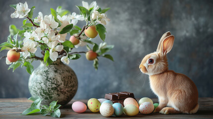 Wall Mural - Easter still life with branches of a blooming apple tree in a vase, Easter eggs and a chocolate rabbit