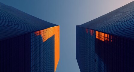 Poster - Captivating View of Two Modern Skyscrapers Against a Clear Sky with Reflective Glass Facades and Warm Sunset Hues Illuminating Urban Architecture