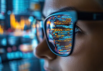 Aufkleber - Close-up of a person’s face wearing glasses with vibrant reflections of digital code and data analysis, showcasing technology and creativity in a modern workspace environment.