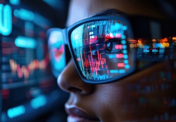 Poster - Close-up of a person wearing glasses with digital reflections highlighting data analytics and charts on a high-tech screen in a dark environment for technology and finance themes.
