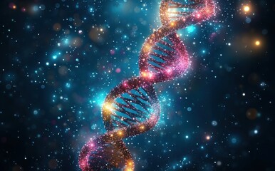 Poster - Colorful and Glowing DNA Helix with Cosmic Background Representing Genetic Research and Biotechnology Innovations in a Vibrant Universe of Stars and Particles