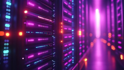 Poster - Colorful illuminated data center with rows of servers, showcasing vibrant lights and futuristic technology in a high-tech environment, representing digital transformation and innovation.