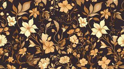 Wall Mural - The image features an intricate floral pattern with leaves and flowers in shades of gold and brown, set against a dark background