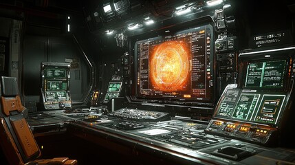Poster - Futuristic Spaceship Bridge: A 3D Render of a Sci-Fi Control Room