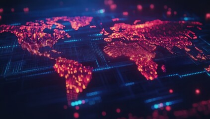 Poster - Digital World Map with Data Visualization in Red and Blue Colors Representing Global Connectivity and Technology Trends in a Cyber Environment