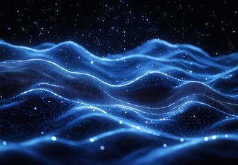 Poster - Ethereal Blue Waves with Sparkling Particles Illustrating a Serene and Dreamy Oceanic Scene Perfect for Cinematic and Artistic Backgrounds