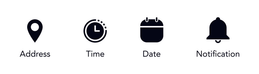 Address location icon. Notification bell icon. Stopwatch timer icon. Date Calendar icon - Web icons set