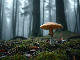 Wall Mural - A lone Amanita caesarea mushroom growing out of the ground in a misty forest clearing, atmosphere, wild mushrooms