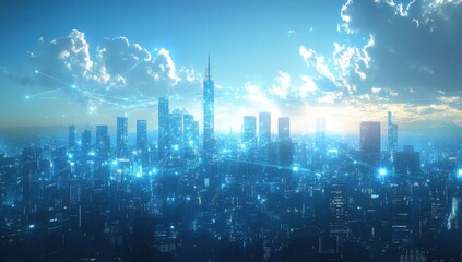 Poster - Futuristic City Skyline with Glowing Lights and Dramatic Clouds Against a Vibrant Blue Sky, Symbolizing Progress and Innovation in Urban Development