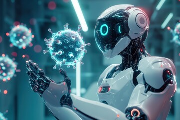 Fototapete - Innovative robots neutralizing viruses in a futuristic laboratory environment. Generative AI