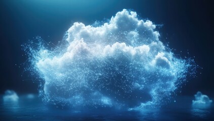 Poster - Futuristic Cloud Rendering with Bright Particles and Glowing Connections Creating an Abstract Digital Atmosphere Over a Dark Background