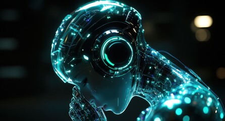 Poster - Futuristic Cybernetic Human with Glowing Circuitry and High-Tech Headphones Contemplating in a Dark Environment, Evoking Themes of Technology, AI, and Emotion
