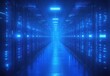© ANUAR - Futuristic Data Center Interior with Rows of Server Racks Illuminated by Blue Light Creating a High-Tech Atmosphere for Digital Connectivity and Data Storage