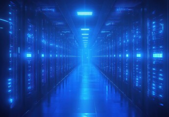 Poster - Futuristic Data Center Interior with Rows of Server Racks Illuminated by Blue Light Creating a High-Tech Atmosphere for Digital Connectivity and Data Storage