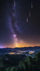 Wall Mural - starry night with shooting stars falling with copy space vertically 9:16