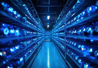 Poster - Futuristic Data Center with Rows of Servers Illuminated by Blue LED Lights, Showcasing Advanced Technology and Digital Connectivity in a Modern Network Infrastructure