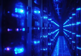 Poster - Futuristic Data Center with Rows of Server Racks Illuminated by Blue LED Lights in a Dark Environment Showcasing Advanced Technology and Digital Storage Solutions