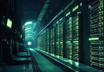 Poster - Futuristic Data Center with Rows of Servers Illuminated by Green Lights in a High-Tech Environment, Symbolizing Technology and Digital Infrastructure