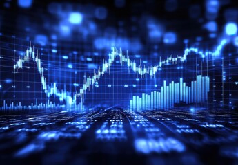 Poster - Futuristic Financial Data Visualization with Blue Graphs and Charts Representing Market Trends, Data Analysis, Investment Growth, and Digital Trading Concepts