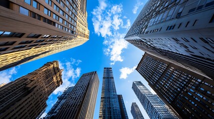 Poster - Dynamic View of Urban City Skyscrapers Reaching Towards Blue Sky on a Clear Day : Generative AI