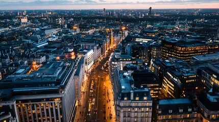 Aufkleber - Breathtaking Twilight Aerial View of Bustling Cityscape with Urban Architecture and Glowing Night Lights : Generative AI