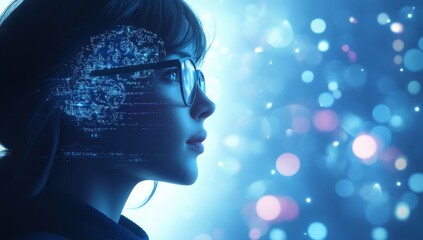 Poster - Futuristic Portrait of a Young Woman with Glasses Silhouetted Against a Dreamy Blue Background, Symbolizing Technology and Intelligence in a Digital Age