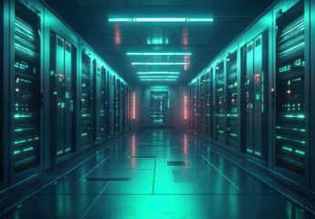 Poster - Futuristic Server Room with Glowing Lights and High-Tech Equipment in a Dark Environment for Technology and Data Center Concepts