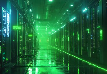 Poster - Futuristic Server Room with Neon Green Lights and Reflective Floors Creating a High-Tech Atmosphere in a Data Center Environment