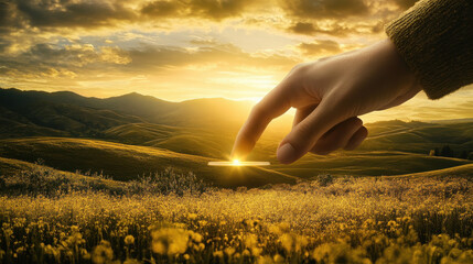 Poster - A hand reaches toward a glowing horizon over rolling hills and flowers at sunset.