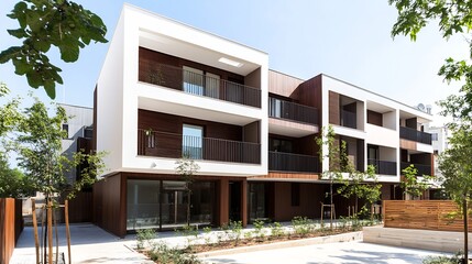 Aufkleber - Minimalist White and Wooden Apartment Complex with Greenery Under Clear Blue Skies : Generative AI