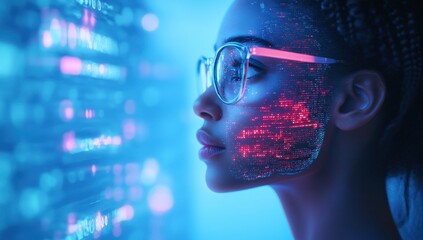 Poster - Futuristic Woman with Glasses Surrounded by Digital Data, Exploring the Intersection of Technology and Human Emotion in a Vivid Neon Environment