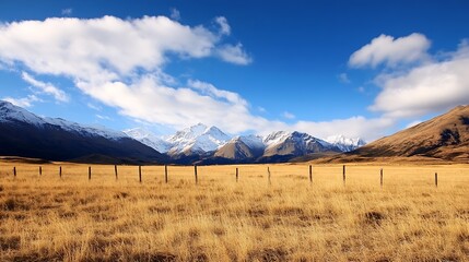 Poster - Idyllic Alpine Meadow with Snow Capped Mountains and Clear Blue Sky : Generative AI
