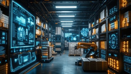 Aufkleber - Futuristic Warehouse with Advanced Robotics and Digital Interfaces Showcasing Automation Technology in a High-Tech Environment