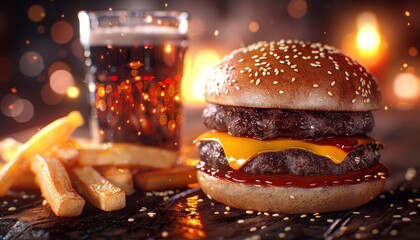 Sticker - A juicy cheeseburger with a glass of cola and fries on a rustic wooden table.