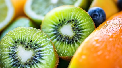 Poster - Close Up of Fresh Organic Kiwifruit Slices with Limes and Blueberries in Vibrant Colors : Generative AI