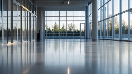 Aufkleber - Modern Sunlit Open Space Interior with Glass Walls and Polished Floors Ideal for Offices : Generative AI