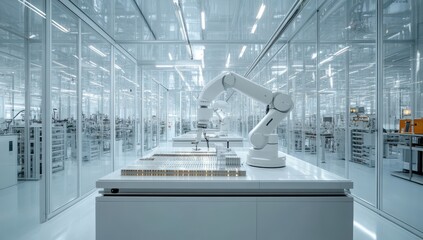 Poster - High-Tech Laboratory Interior Featuring Advanced Robotic Arm Operated Workstation in Sleek Modern Design with Clear Glass Walls and Bright Lighting