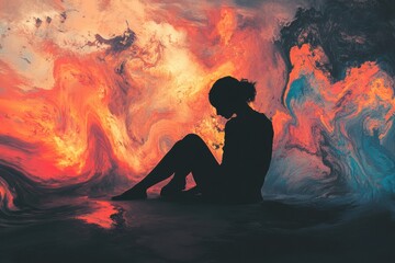 Poster - Person sitting in shadow amidst abstract elements illustrating mental turmoil in a vibrant landscape. Generative AI