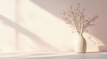 Poster - A minimalist vase with dried branches against a soft pink wall, creating a serene atmosphere.