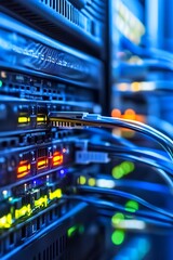 Leinwandbilder - Brightly Illuminated Network Server Room with Colorful Cables and LED Lighting Effects : Generative AI