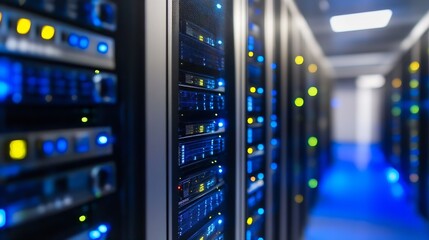 Aufkleber - Close-up of illuminated servers in a high-performance computing data center facility : Generative AI