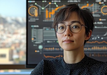Poster - Professional woman with short dark hair and glasses posing in front of a screen displaying vibrant data graphics and analytics in a modern office setting on a sunny day.