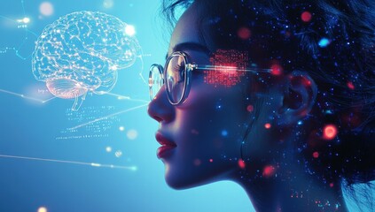 Poster - Profile of a Young Woman with Glasses Surrounded by Abstract Digital Elements and Brain Graphic Representing Innovation and Technology Concept